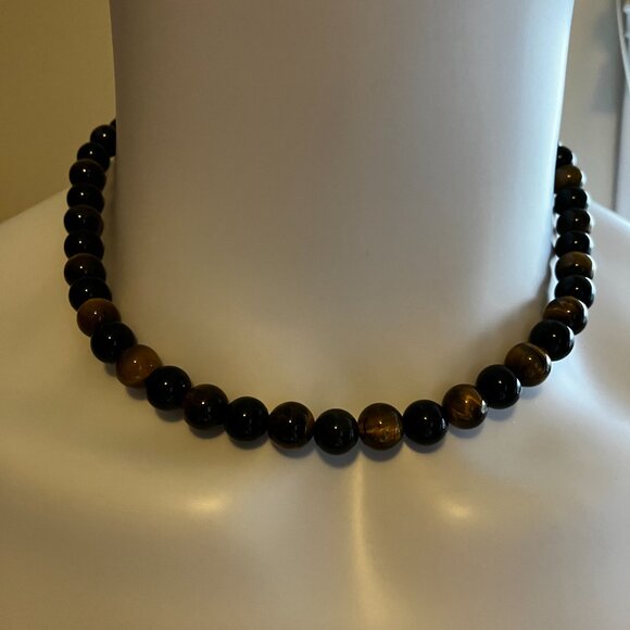 Men's Tiger Eye and Obsidian Genuine Gemstones 18.5 inch Choker Handmade NEW - Picture 12 of 13